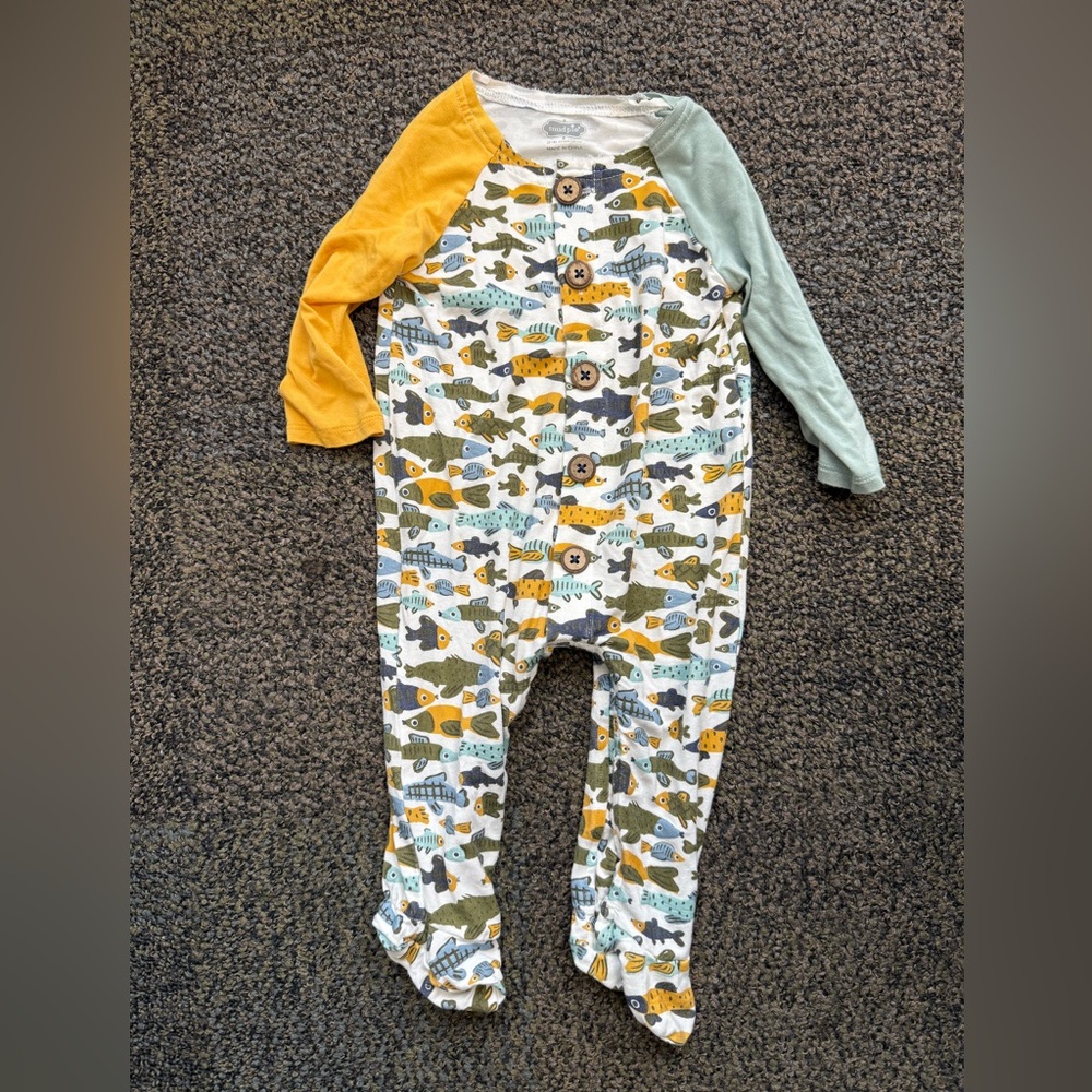 3-6 month Mud Pie Fish Print One Piece with Yellow and Green Sleeves